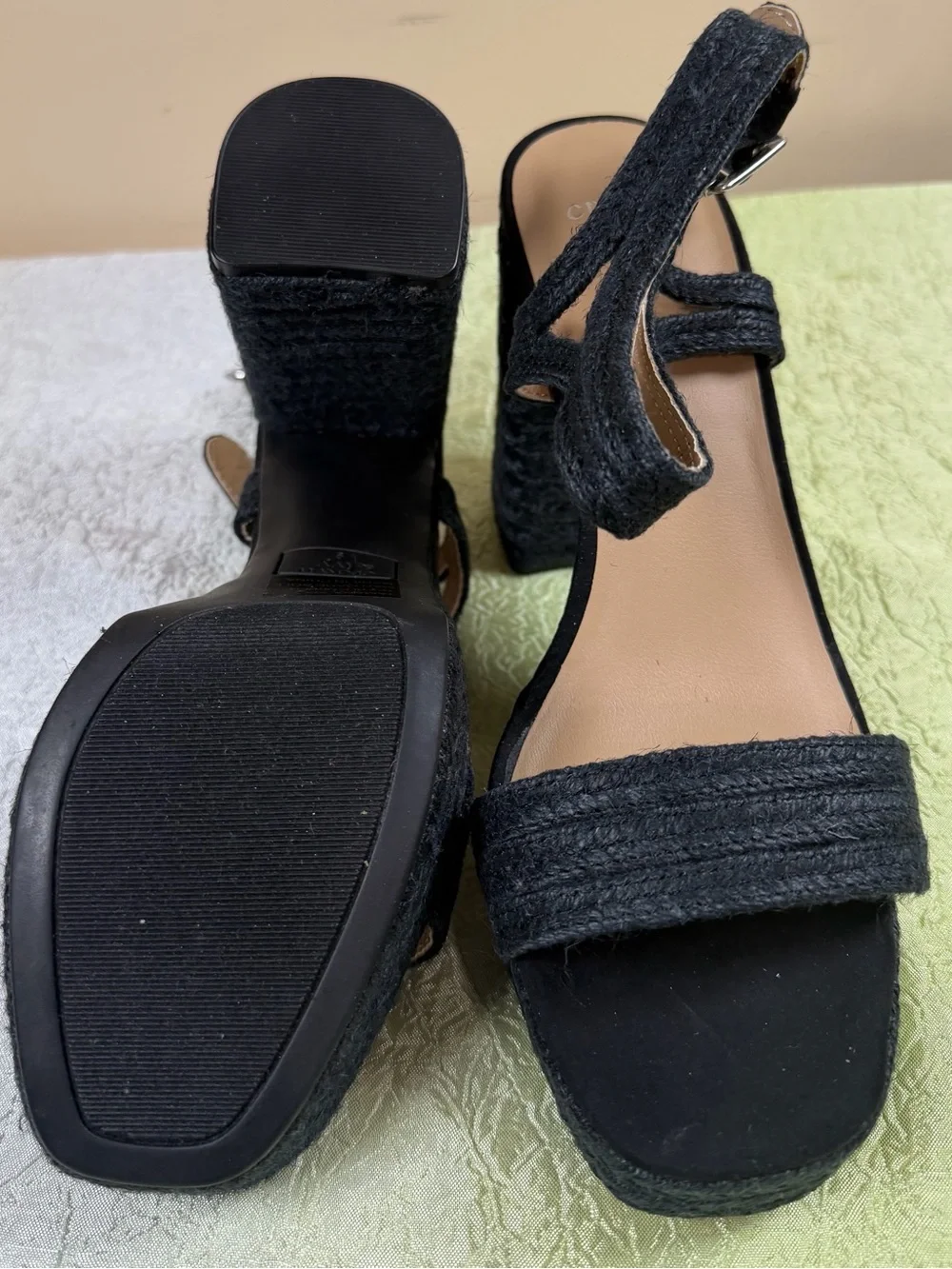 Black Platform Espadrille Heeled Sandals with Ankle Strap